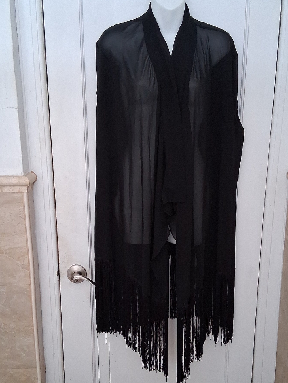 Elegant Classy Laranor Black Silky Sheer Fringe Shawl Wrap Jacket W Sleeves L